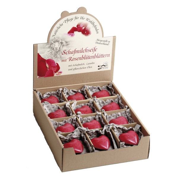 Schafmilchseife Herz mit Rosenblütenblättern rot, 65 g